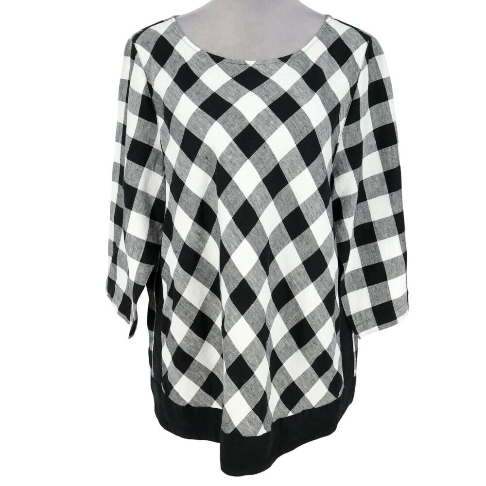 J Jill Love Linen Top Womens Large Black White Check Back Pleat Blouse Beach